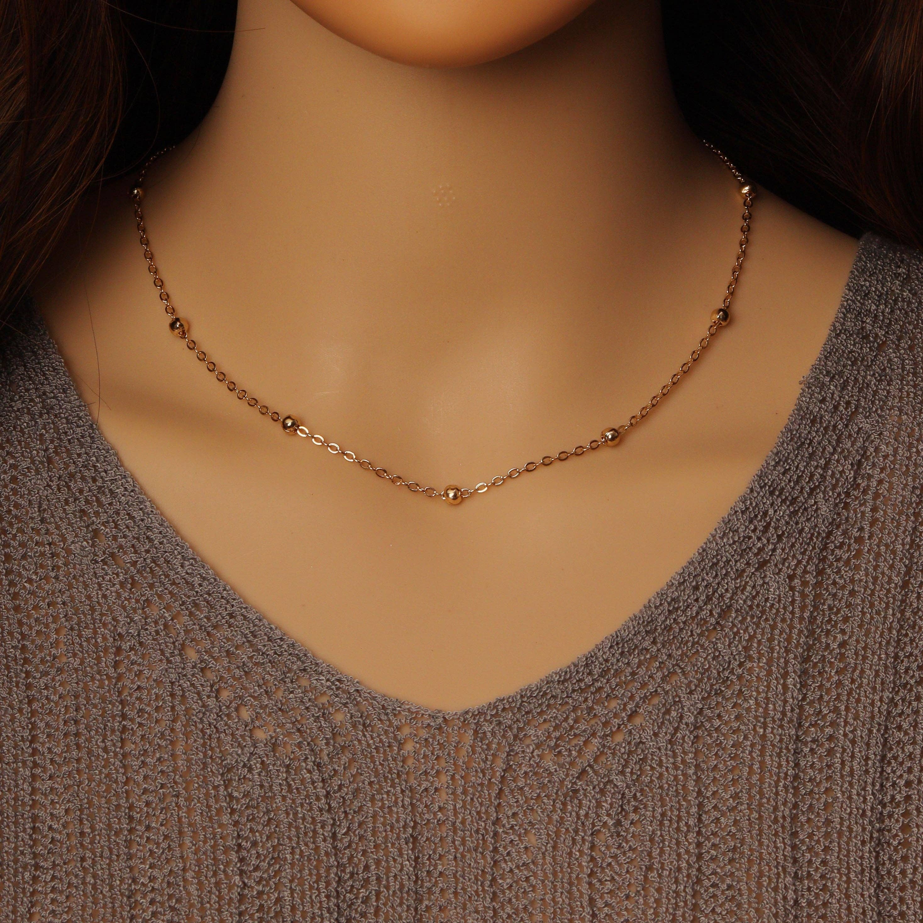 CZ Round Link Gold Silver Satellite Ball Adjustable Necklace, Sku#EF460