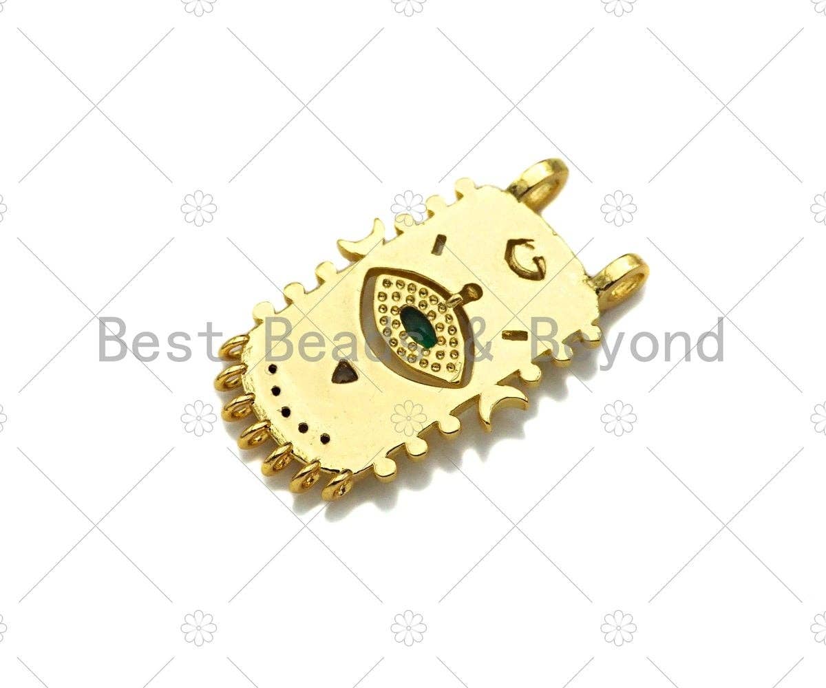 CZ Micro Pave Green Evil Eye On Rectangle Shield Shape Pendant,Evil Eye Shaking Back and Forth Charm, Gold Charm,16x28mm,Sku#Z1323