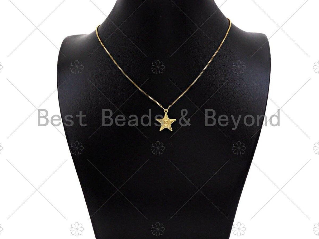 18k Dainty Gold Embossed Star Charms, Queen Elizabeth Charms, Gold Pendant, Five Point Star Necklace Charms, 18x16mm, Sku#Y380