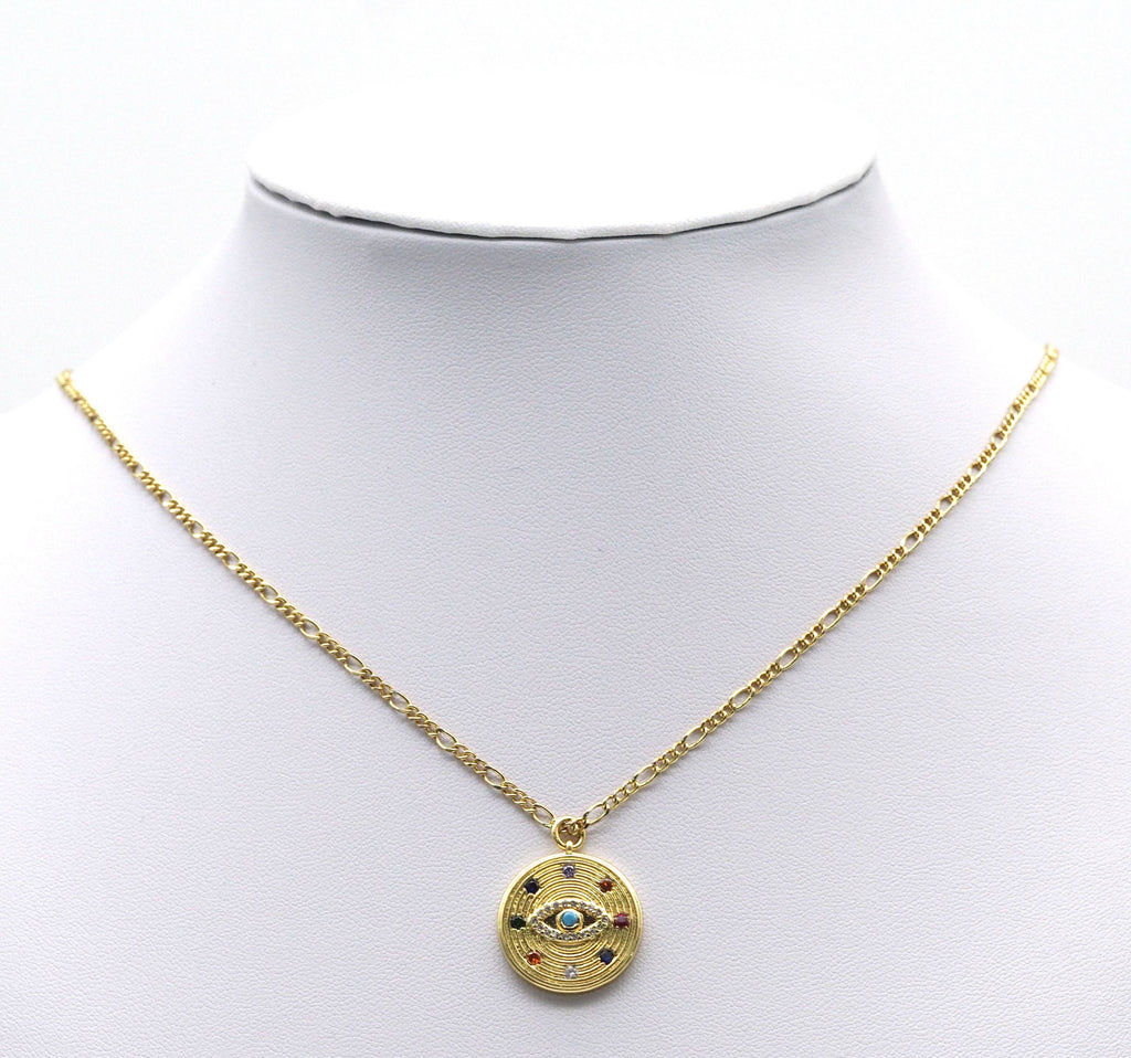 Gold Colorful CZ Evil Eye On Round Coin Charm, Sku#LX98