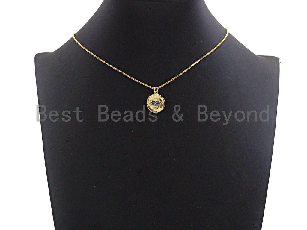 Dual Color CZ Micro Pave Evil Eye on Disc Pendant/Charm,Evil Eye Cubic Zirconia Pendant, Gold Tone,14x17mm,Sku#Z441