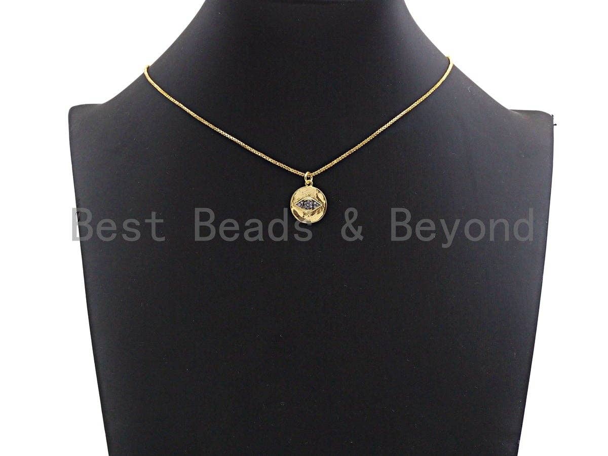Dual Color CZ Micro Pave Evil Eye on Disc Pendant/Charm,Evil Eye Cubic Zirconia Pendant, Gold Tone,14x17mm,Sku#Z441