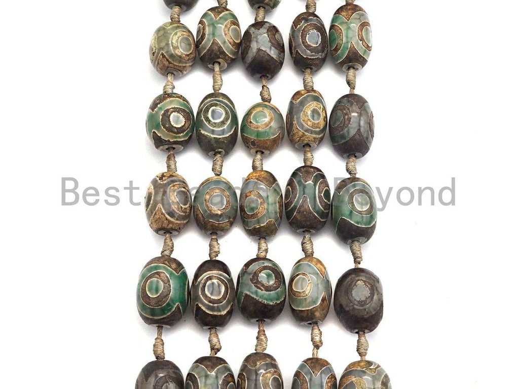 1pc/12pc Tibetan Barrel Agate Beads, Green Brown EYE Dzi Drum beads, Tibetan Eye Agate Beads, 15x20mm, sku#U530C