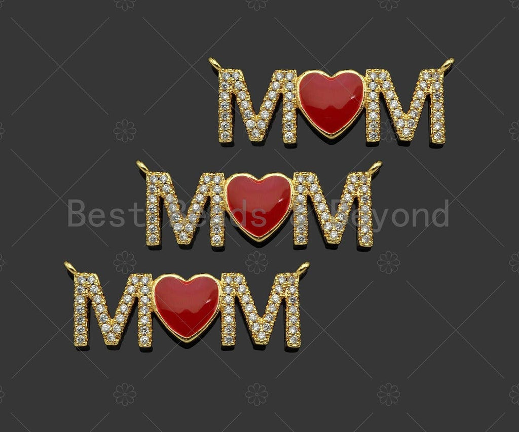 Gold Filled Red Enamel Heart CZ Micro Pave MOM Shape Pendant, 18K Gold Filled Charm, Mother's day, Necklace Pendant,11x32mm,Sku#LD125