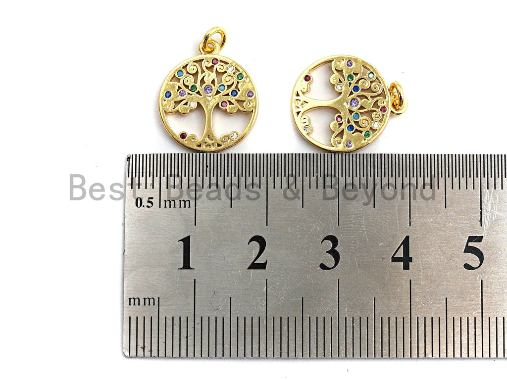 CZ Colorful Micro Pave Round With Tree Pendant, Tree Pave Pendant/Charm, Gold plated, 14x16mm, Sku#F759
