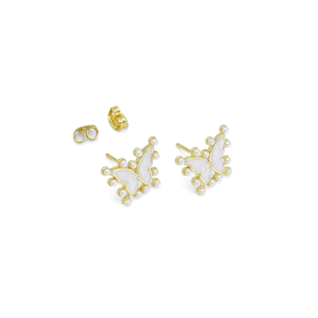 CZ Gold White Pearl Enamel Butterfly Stud Earrings, Sku#LD534