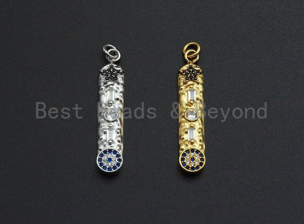 CZ Micro Pave Five Star Evil eye on Long Bar Pendant,Cubic Zirconia Charm, Silver/Gold Pendant,7x36mm,sku#Z524