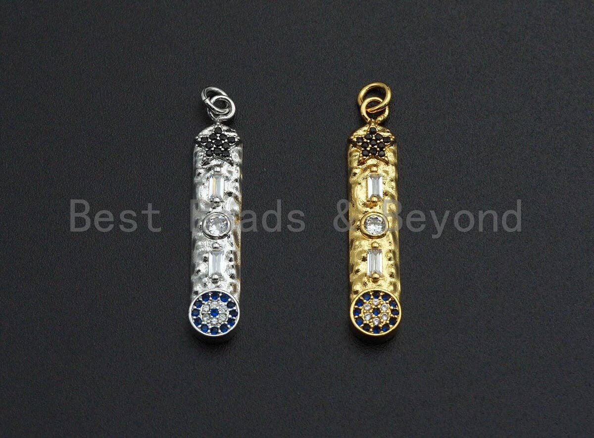 CZ Micro Pave Five Star Evil eye on Long Bar Pendant,Cubic Zirconia Charm, Silver/Gold Pendant,7x36mm,sku#Z524