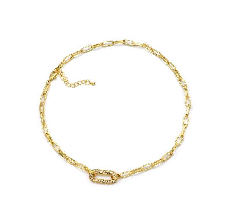 Gold Paper Clip Chain CZ Oval Link Necklace, sku#EF262