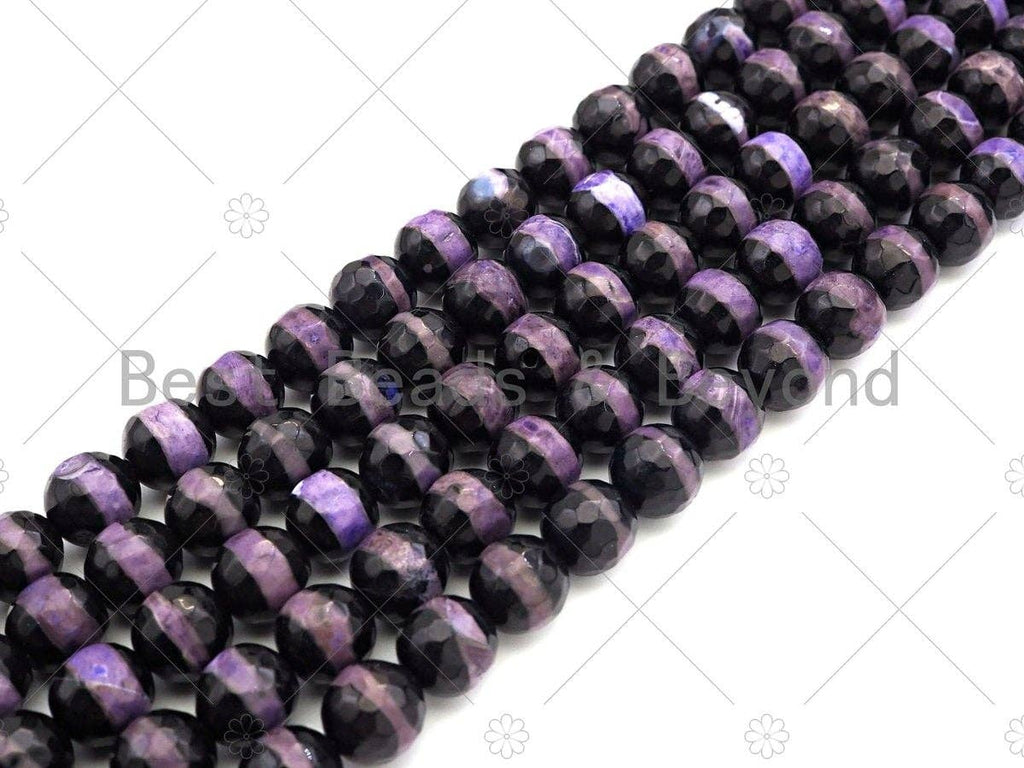 Dzi Agate Faceted Round Beads with Purple Line, 6mm/8mm/10mm/12mm, Purple Black Tibetan Beads, Agate Beads, 15.5'' Full Strand,Sku#U1074