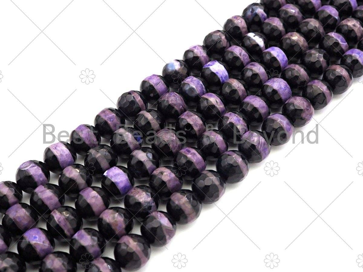 Dzi Agate Faceted Round Beads with Purple Line, 6mm/8mm/10mm/12mm, Purple Black Tibetan Beads, Agate Beads, 15.5'' Full Strand,Sku#U1074