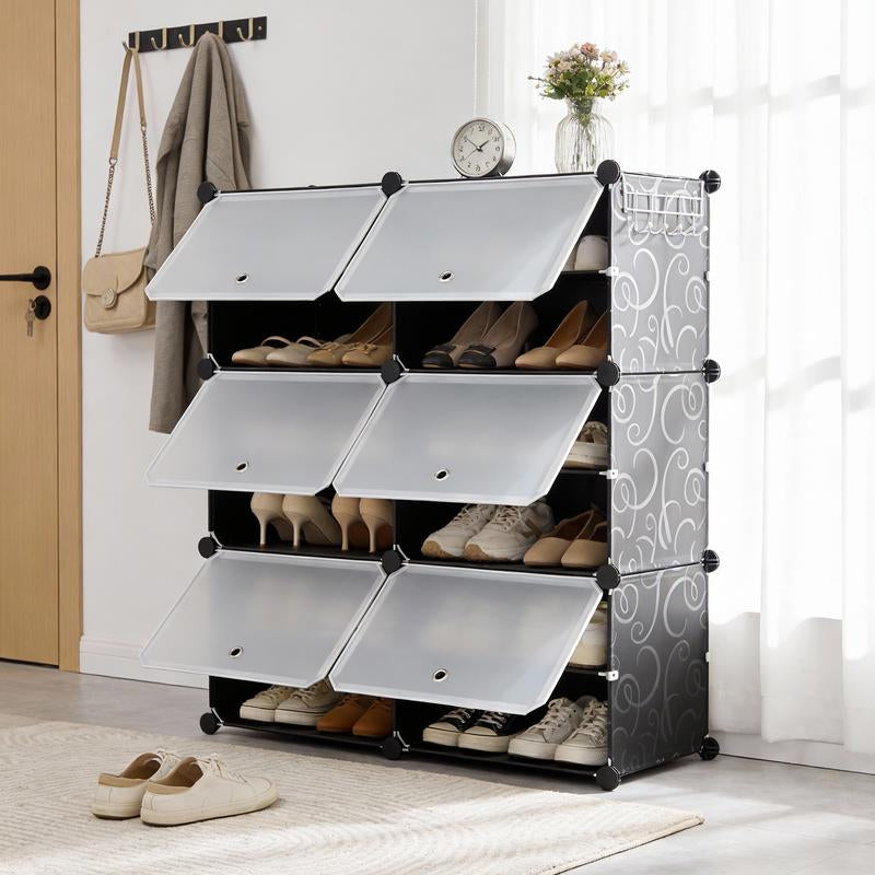 6/8-Tier Shoe Cabinet, 24/32-Tier Capacity, with Side Hooks, Sturdy Metal Frame, and Black and White Plastic Panel Shelves. Suitable for Entryways, Living Rooms, and Walk-In Closets
