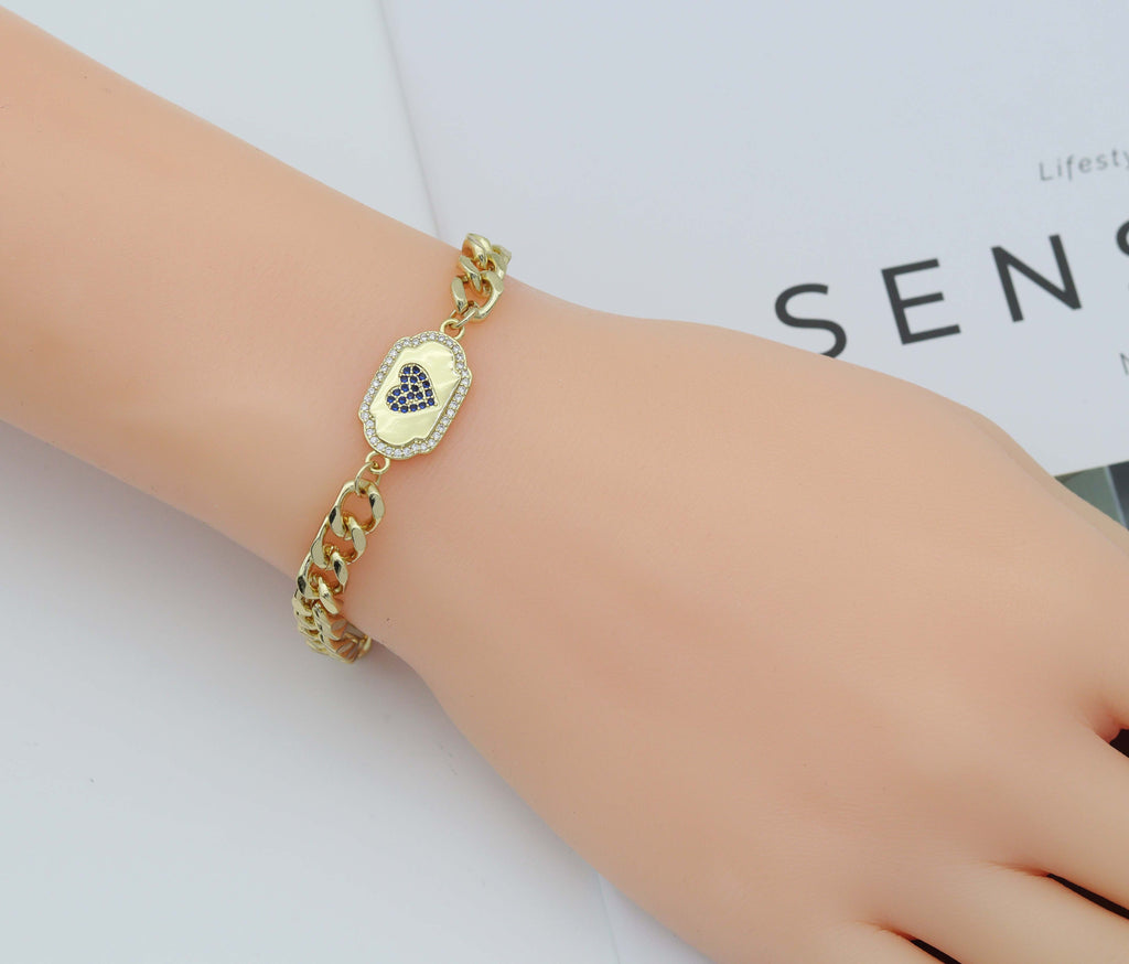 Heart Evil Eye Lock Cuban Chain Necklace Bracelet, sku#EF163