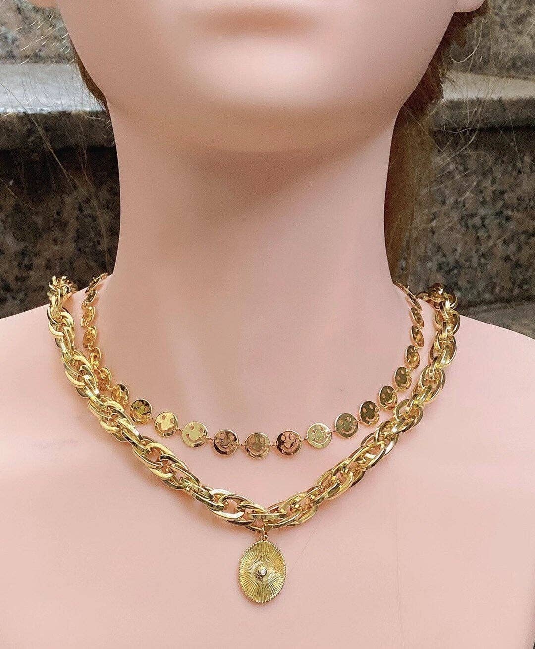 New Style 18K gold Cute Smiley face Chain by ft, 8x8mm smiley face chain, Fun Chain, Happy Face Chain, Wholesale Chain, sku#E532