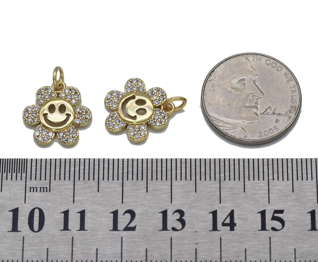 Gold CZ Smiley Face Flower Charm, Sku#L711