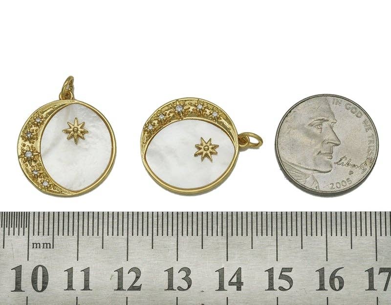 Gold CZ Cresent Moon North Star ON Round MOP Charm, Sku#Z1459C