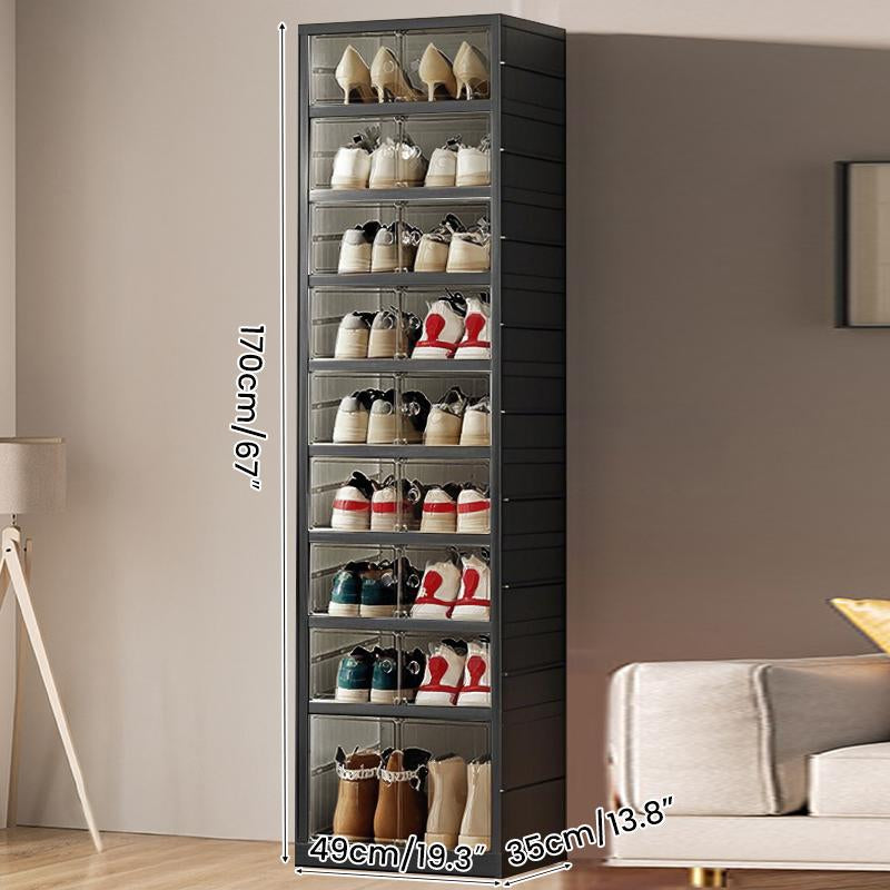 NLDD Extra-Wide & Tall 9-Tier Shoe Cabinet Holds 18 Pairs Clear Doors Wheels for Effortless Storage Stackable Reinforced Frame Ventilation Holes