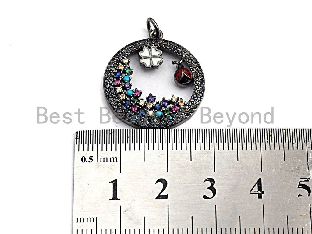 Colorful CZ Micro Pave Hollow Out Clover and Ladybird Pendant/Charm, Silver/Black/Gold Tone, 20x25mm,Sku#Z592