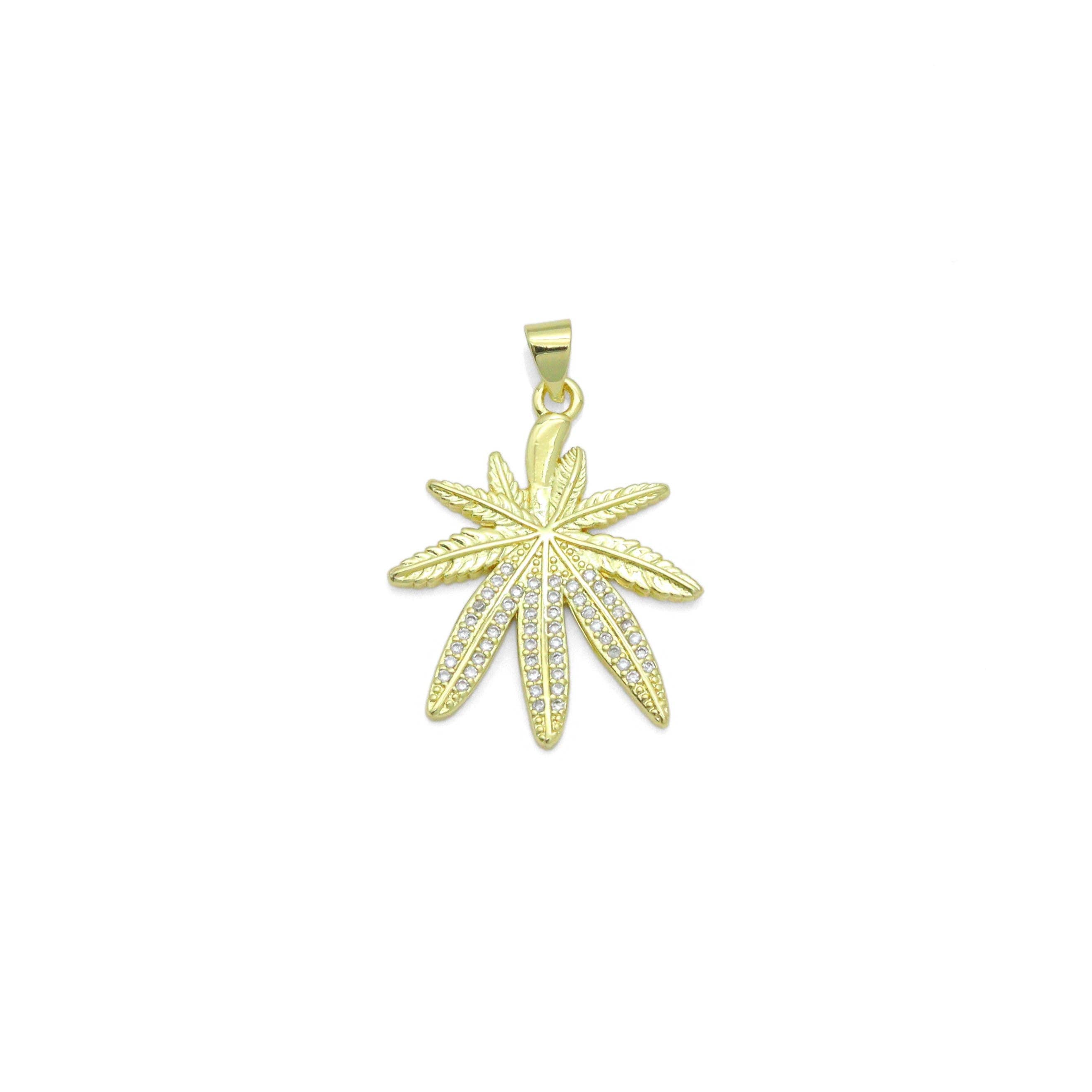 Clear CZ Gold Maple Leaf Charm Pendant, Sku#LK1169