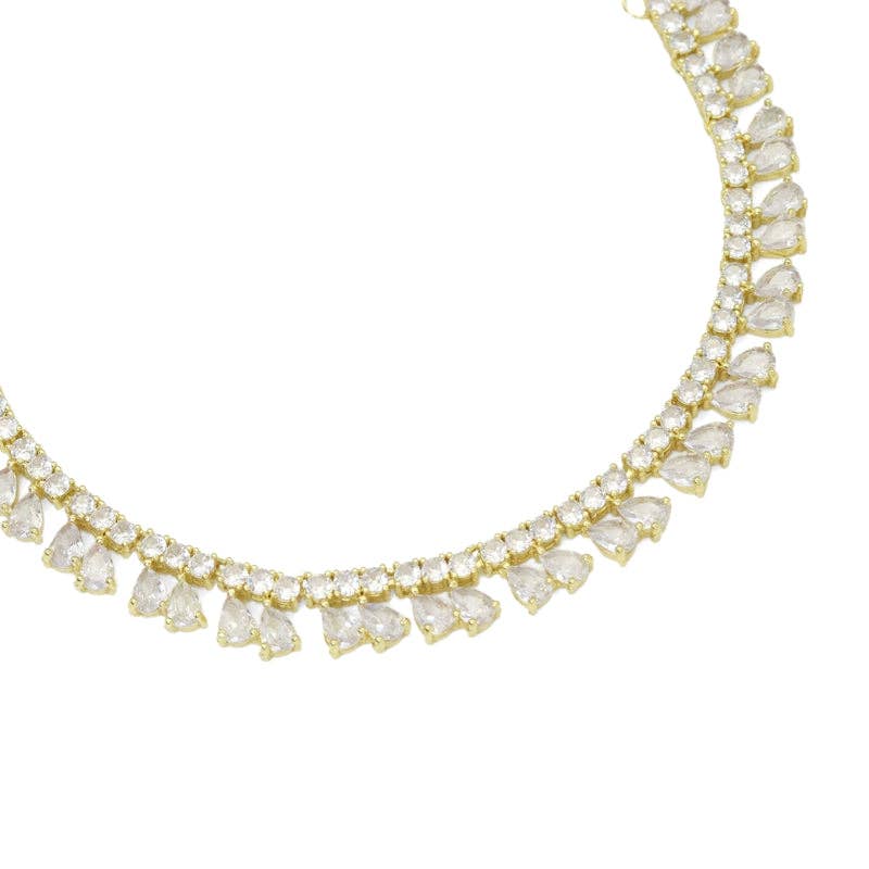 Gold Silver Rolo Chain Teardrop CZ Statement Necklace, Sku#EF586