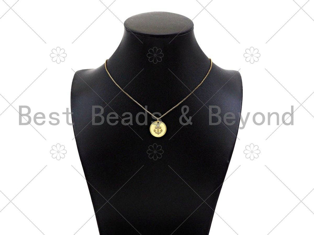 Gold Filled CZ Micro Pave Boat Anchor On Round Coin Shape Pendant, 18K Gold Filled Medallion  Charm, Necklace Bracelet Charm,16mm,Sku#LK340