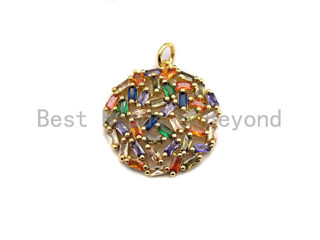 Colorful Baguette CZ Micro Pave Round Shaped Rose Flower Cluster Pendant, Cz Pave Bracelet Necklace Pendant in Gold Finish,21x23mm, sku#F909