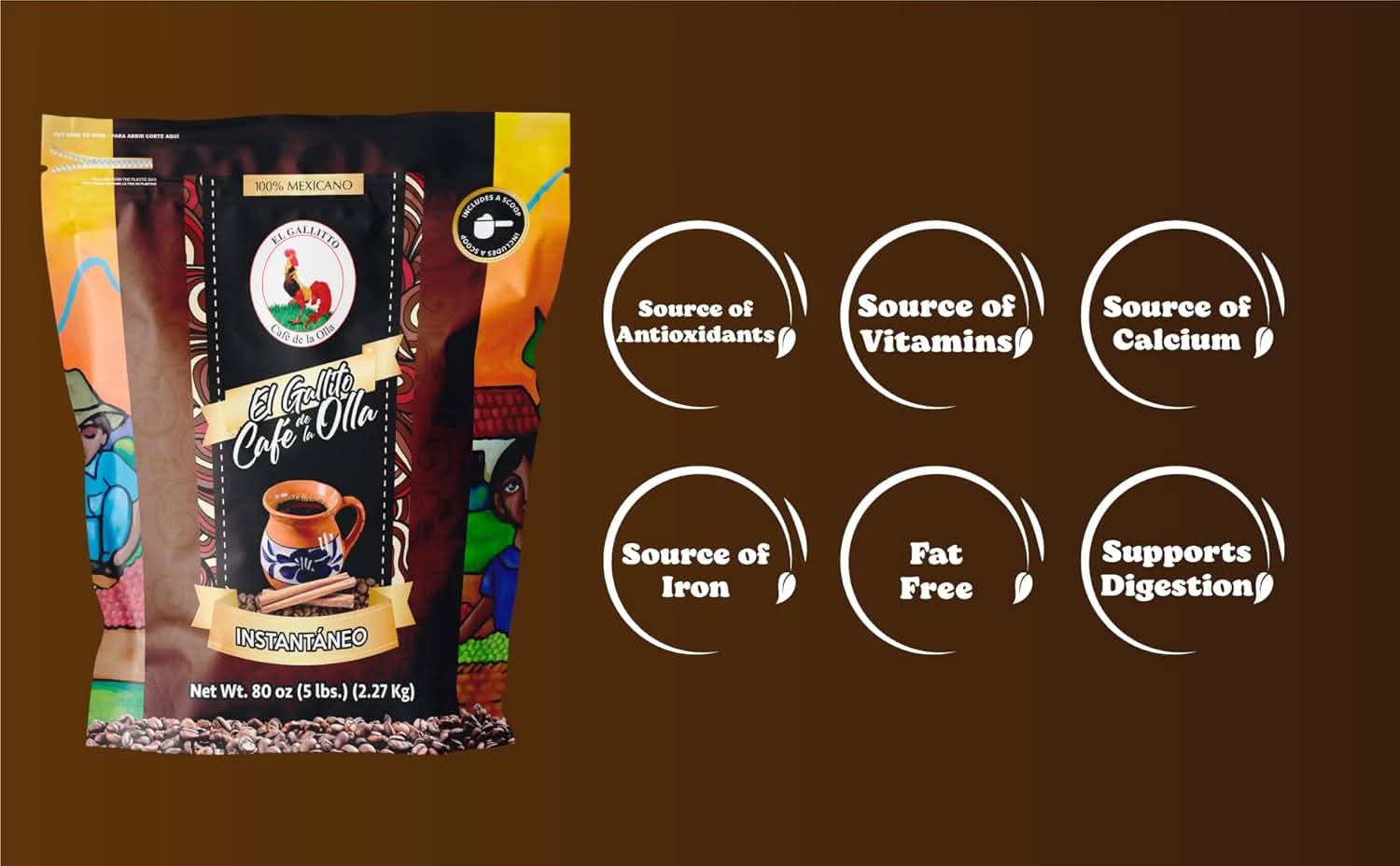 EL GALLITO Café de la Olla | 100% Mexican Instant Coffee 5 LB Bag