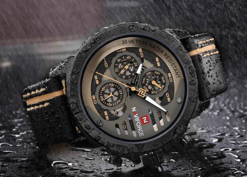 Montre de Sport Étanche Homme avec Chronomètres et Bracelet en Cuir Montre-Bracelet Multifonction Design Unique Cadeau Parfait