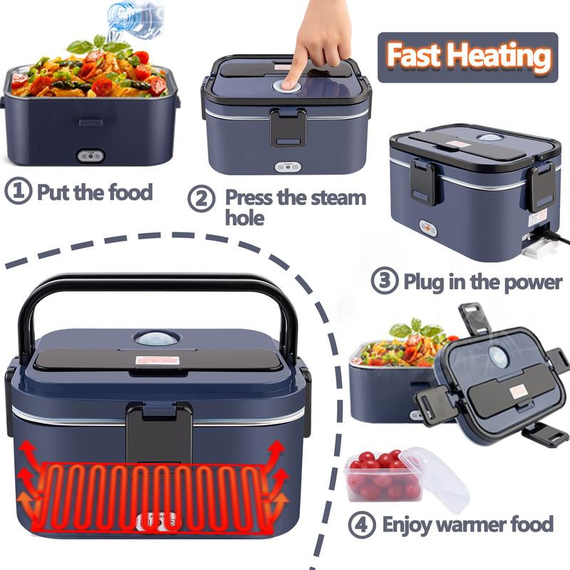 Electric Lunch Box 80W 1.5L Stainless Steel Bento Warmer with Indicator Light & Portable Tableware Set for Home Office Travel Food Quick Storage Fork 80W/1.5L/Black