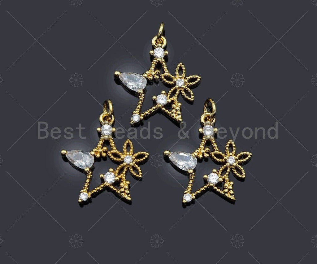 CZ Micro Pave Flower On Star Charm/Pendant, Star Shape Charm, Gold Star Pendant, Gold plated charm, mm, Sku#JL08