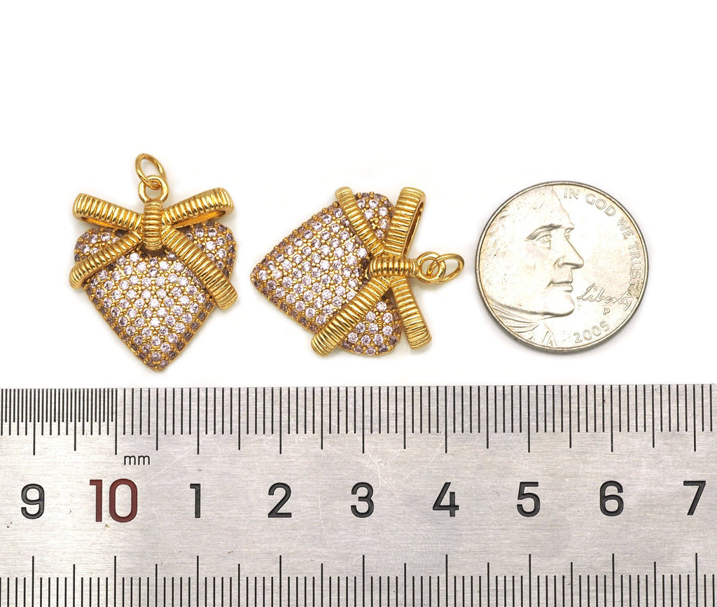 Pink CZ bow Heart Charm, Sku#Y623