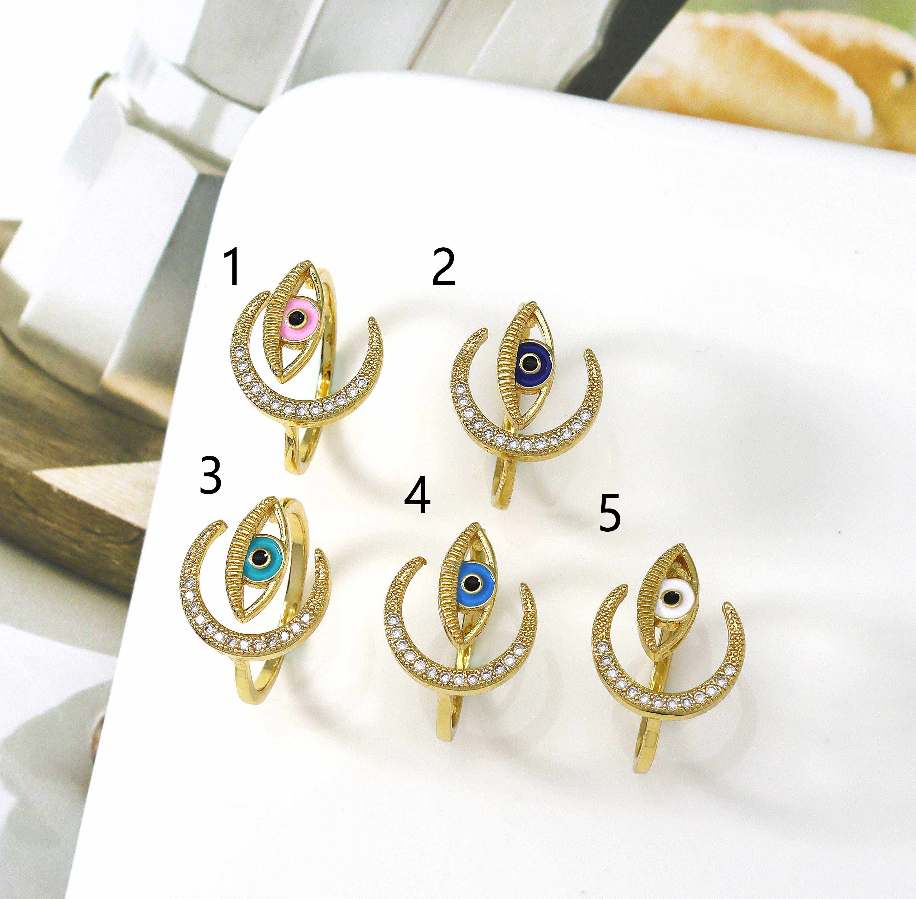 CZ Gold Enamel Evil Eye Cresent Moon Ring, Sku#JL133
