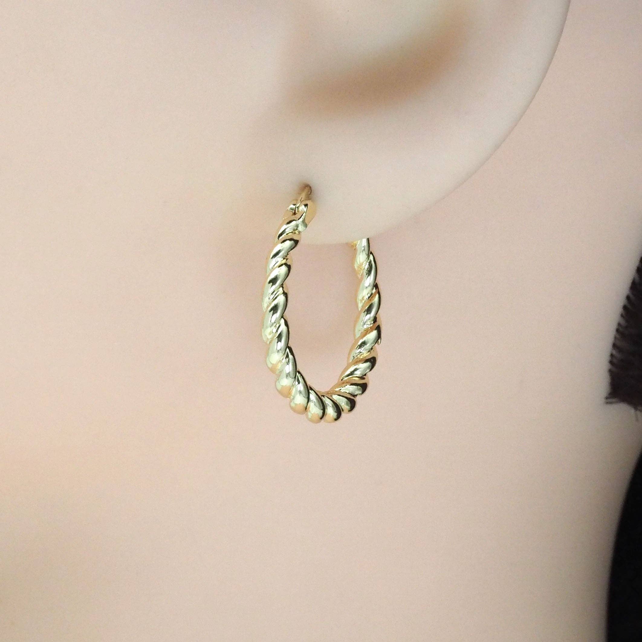Gold Twisted Medium size Everyday Hoop Earrings, Sku#ZX134