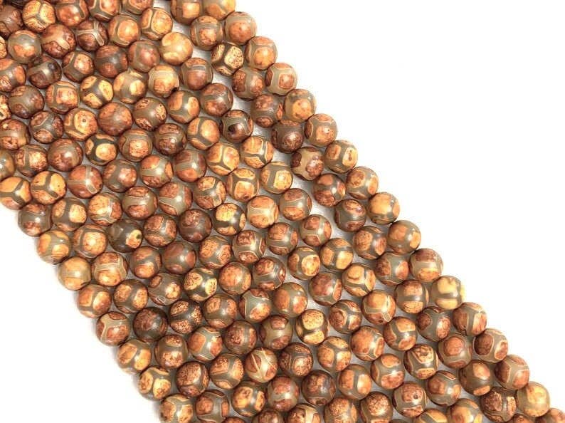 Natural Tibetan Brown Agate Football Line Beads, Dzi Agate beads, 6mm/8mm/10mm/12mm/14mm Tibetan Round Agate, 15.5" Full Strand, sku#U923B