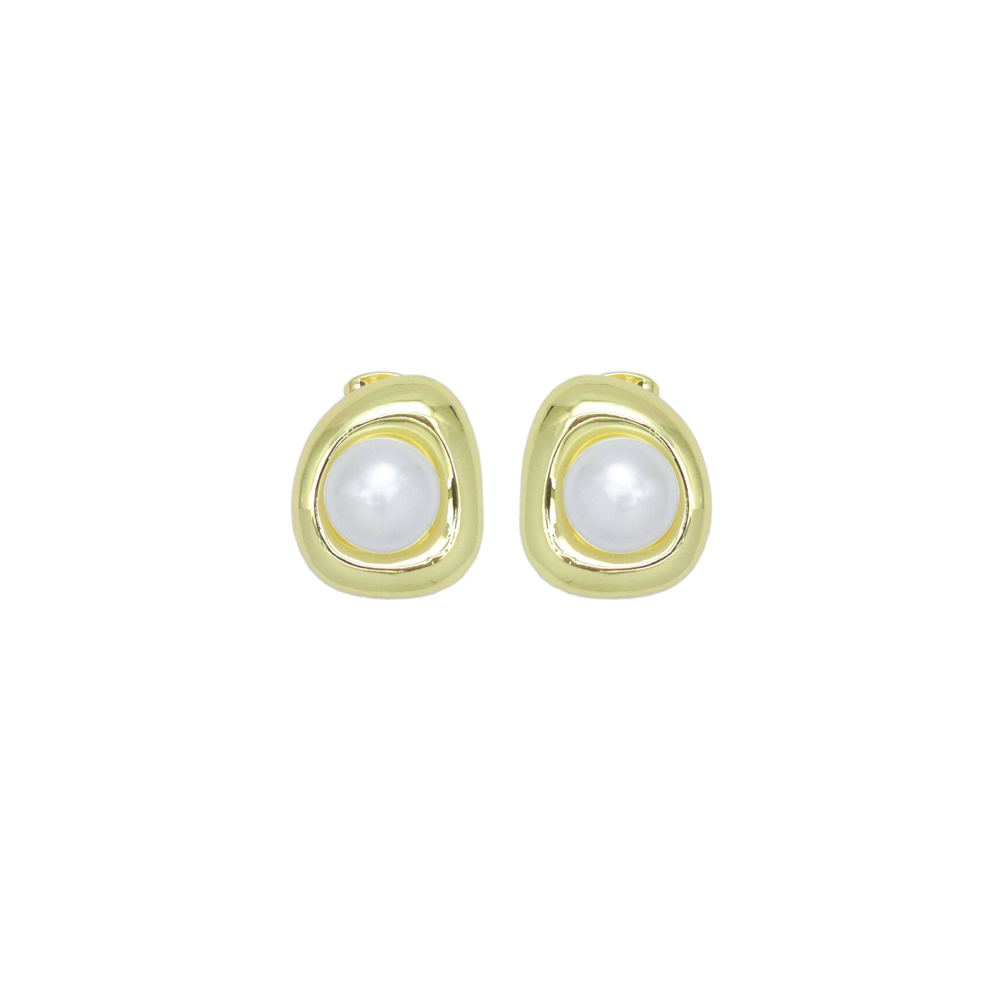 Gold White Pearl Stud Earrings, Sku#LX720