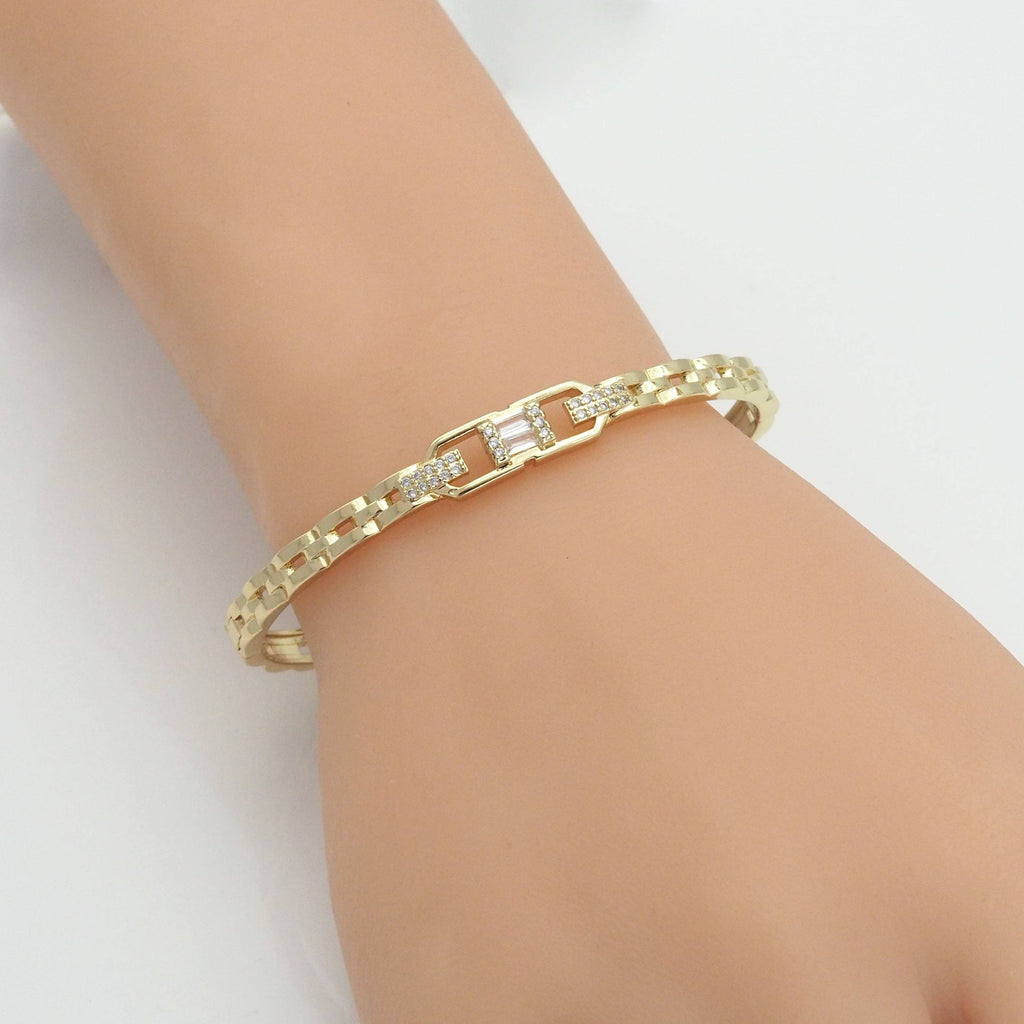 Clear CZ Baguette CZ Buckle Chain Link Bracelet, Sku#LX263