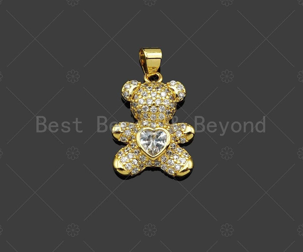 CZ Micro Pave Colorful Heart On Teddy Bear Pendant/Charm, Colorful Cubic Zirconia Charm, Necklace Bracelet Charm Pendant,20x15mm, Sku#LK216
