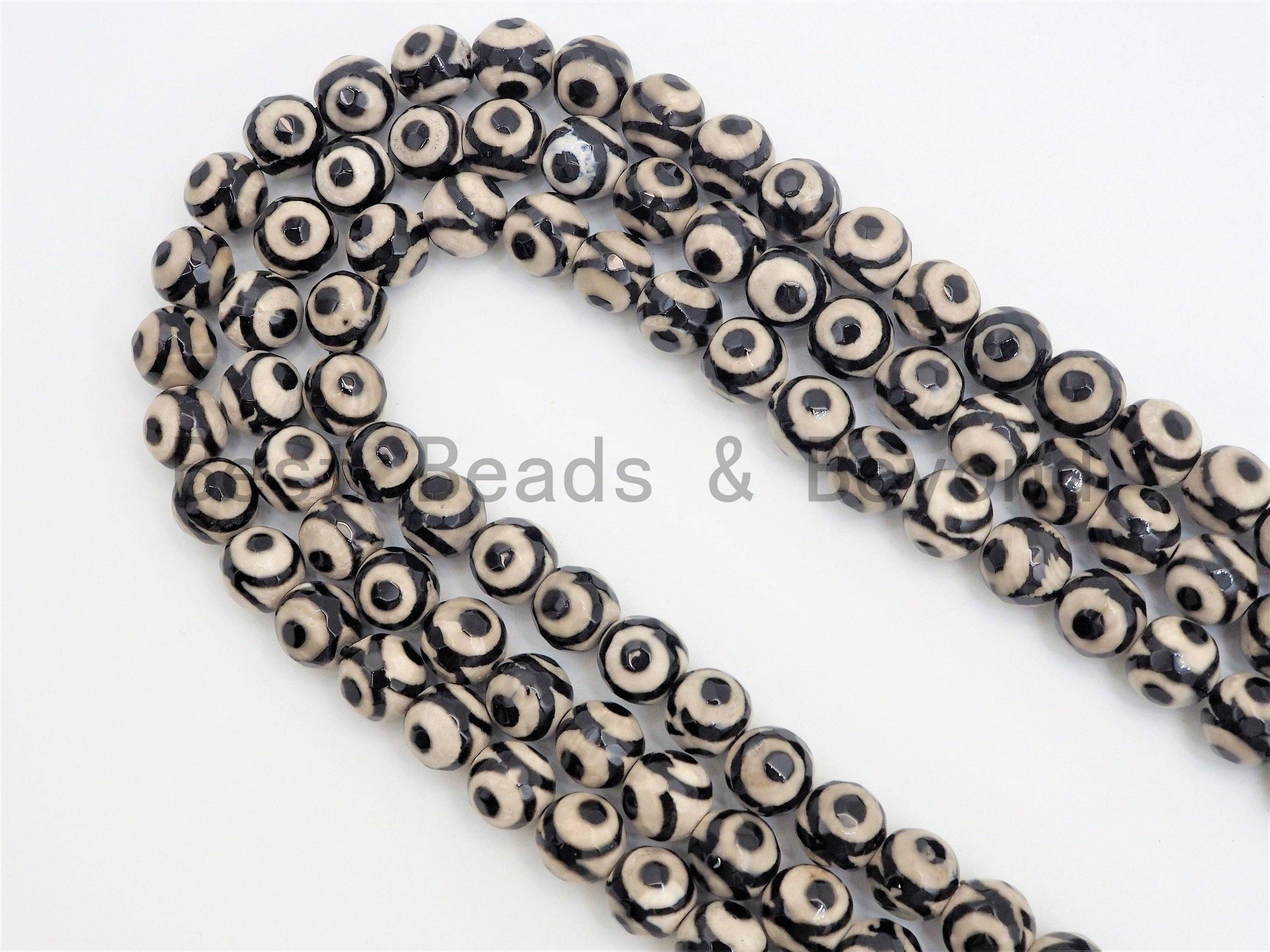 Quality Dzi Black Aage Eye Beads,  Round Faceted Evil Eye Tibetan Agate, 6mm/8mm/10mm/12mm beads, 15.5inch strand, SKU#U409