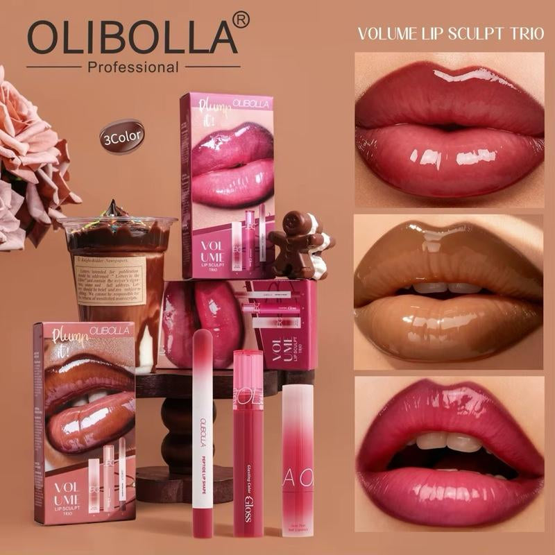 OLIBOLLA Volume Lip Sculpt Trio Set Lip Liner Lipstick Lip Glaze 3-In-1 Easy Color Gift Box for Flawless Glossy Lips