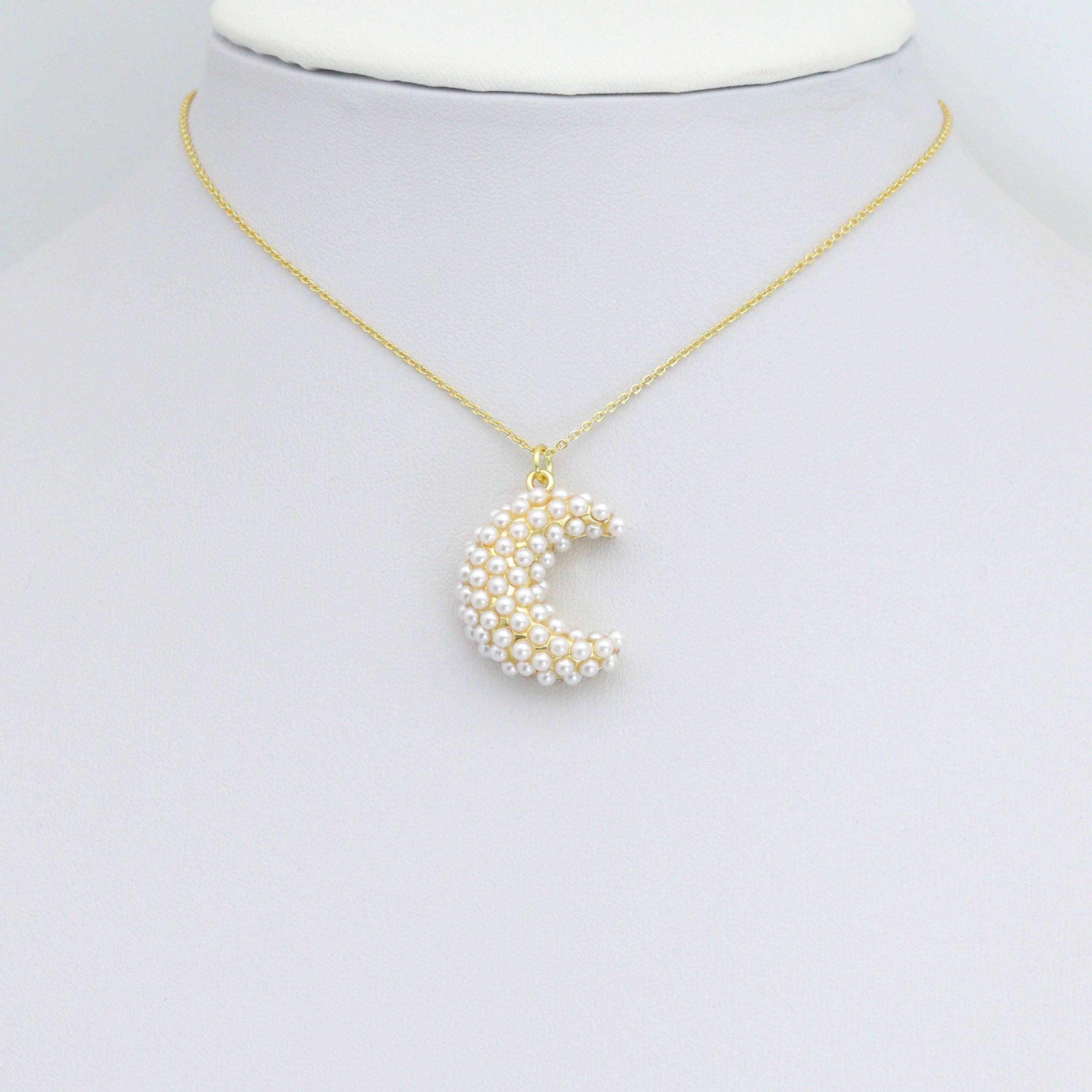 White Pearl Gold Cresent Moon Shape Charm Pendant, Sku#A458
