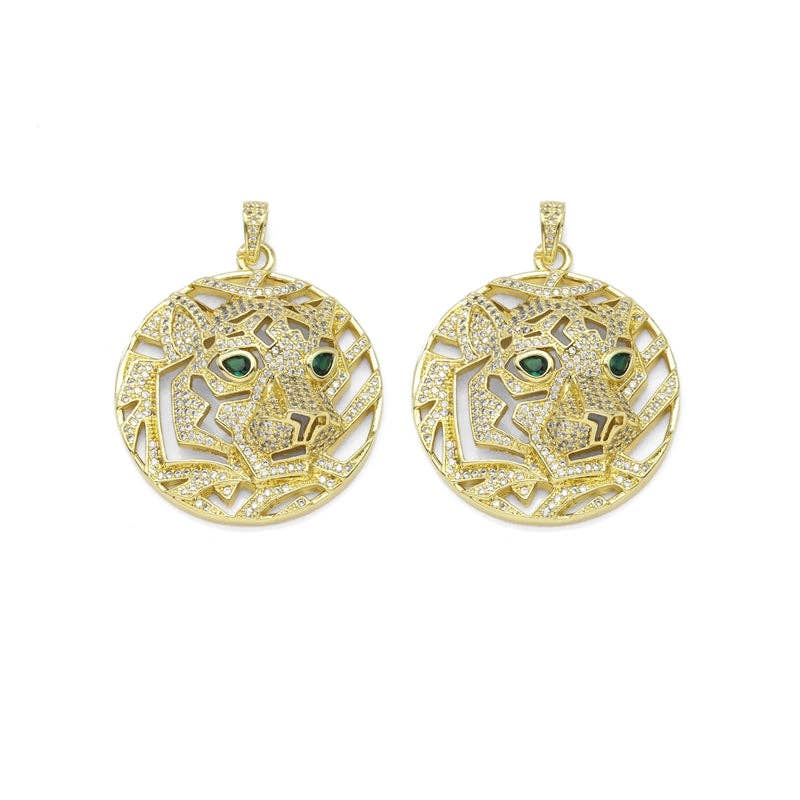 Clear CZ Gold Tiger Lion Head Pendant, Sku#LX318