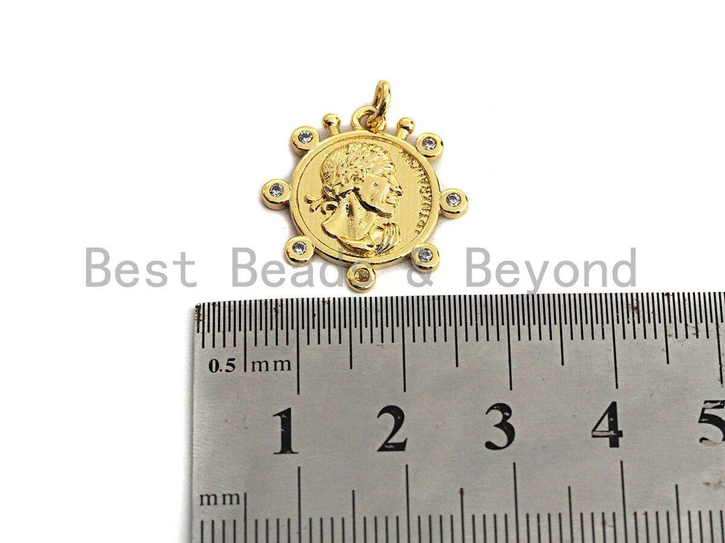 Medallion Coin Pendant/Charm, Medallion Cubic Zirconia Pendant, Silver/Gold Tone, 20x20mm,Sku#Z449