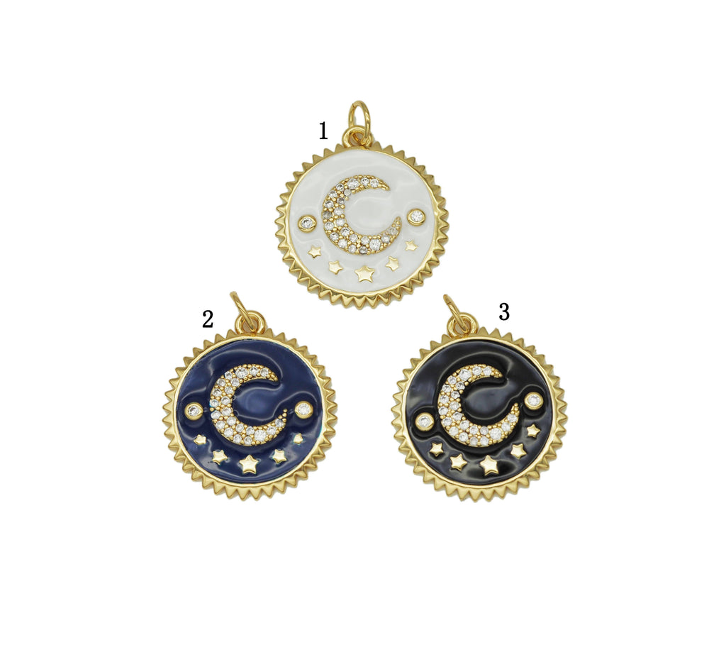 CZ Enamel Crescent Moon Star On Round Coin Charm, Sku#Y701