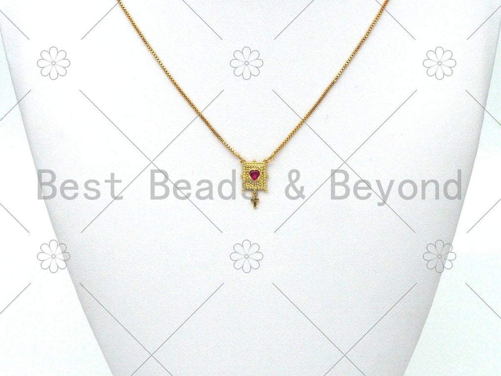 Fuchsia Heart CZ Micro Pave with Cross On Rectangle Shape Pendant, 18K Gold Filled Charm, Necklace Bracelet Charm Pendant,11x14mm,Sku#LK402