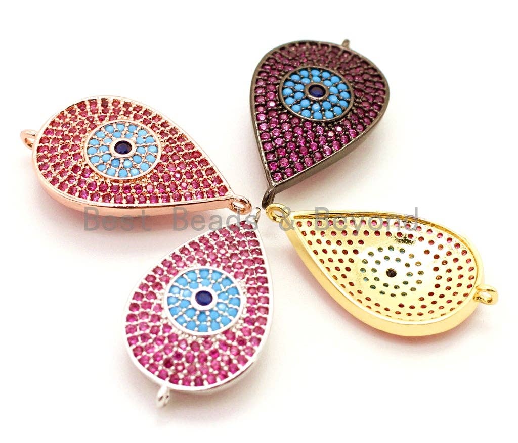 CZ Micro Pave Fuchsia Teardrop Connector with Turquoise Evil Eye for Bracelet/Necklace, Cubic Ziroconia Space Connector, 15x27mm,sku#E26C