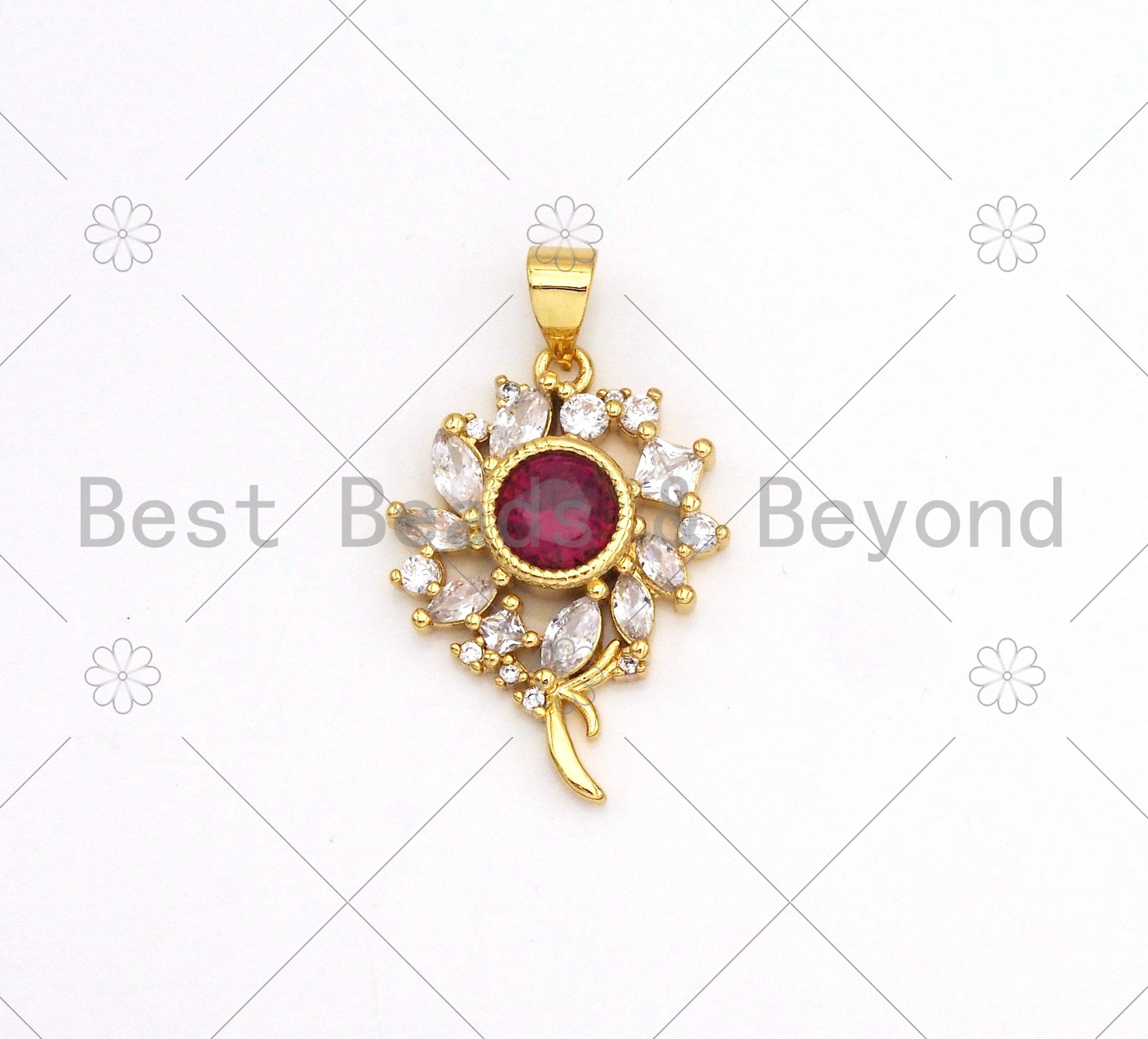 Big Fuchsia CZ Micro Pave Sunflower Shape Pendant, 18K Gold Filled Flower Charm, Big CZ Pave Pendant,17x24mm, Sku#LK373