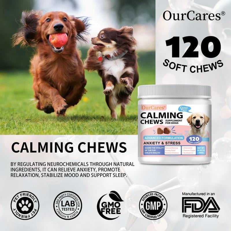 Ourcares Calming Chews for Dogs | 120 Soft Chews, Chicken Flavorrelieves Separation Anxiety, Reduces Stress & Destructive Behavior, Aids Sleep & Training