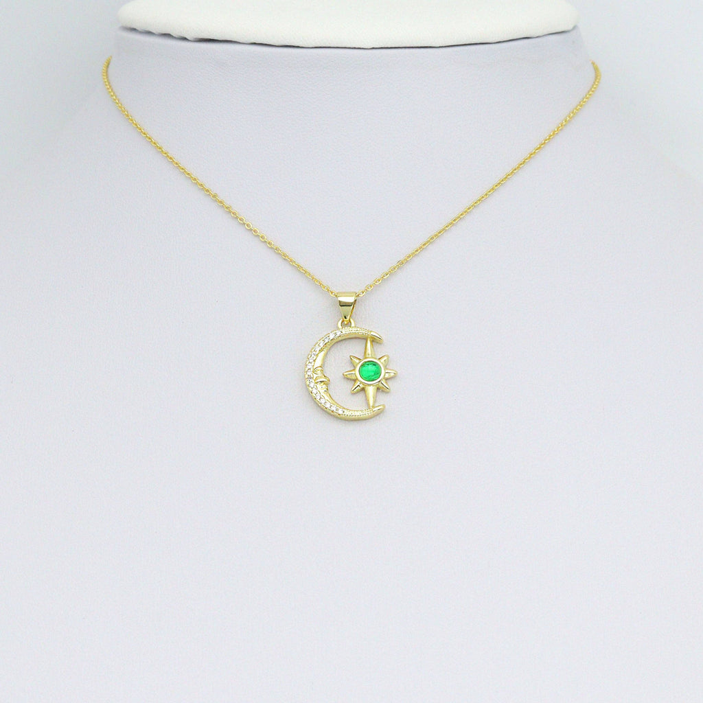 Green CZ Gold Cresent Moon North Star Charm Pendant, Sku#LK1085