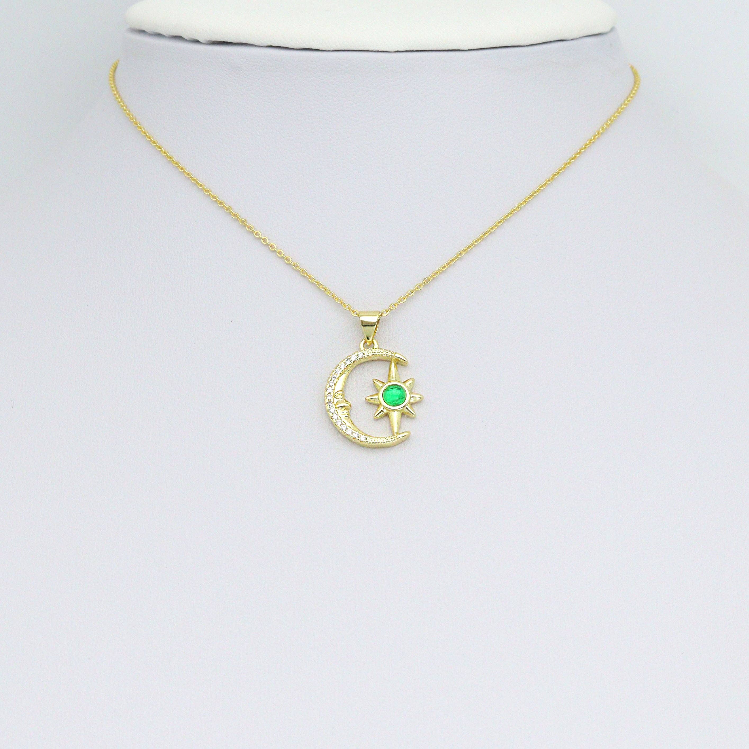 Green CZ Gold Cresent Moon North Star Charm Pendant, Sku#LK1085