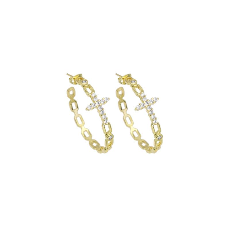 Clear CZ Gold Cross Chain Link Hoop Earrings, Sku#LD525